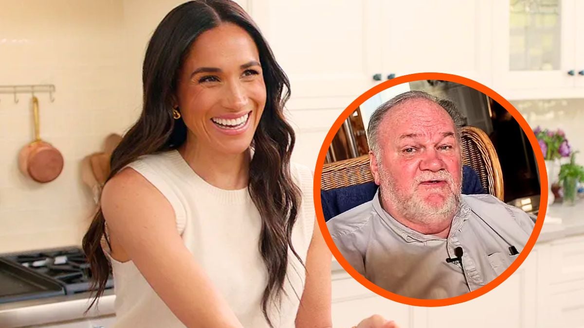 Image collage of Meghan Markle during her new Netflix show and her father during an interview.