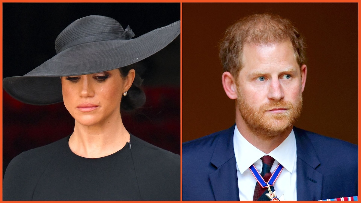 Meghan Markle in a black dress and wide-brimmed black hat, looking downcast, and Prince Harry in a blue and white suit looking off to the side, also somewhat downcast