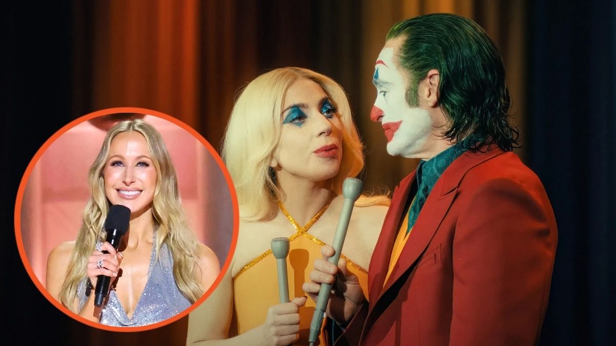 Nikki Glaser hosting the 2025 Golden Globes and still from Joker 2