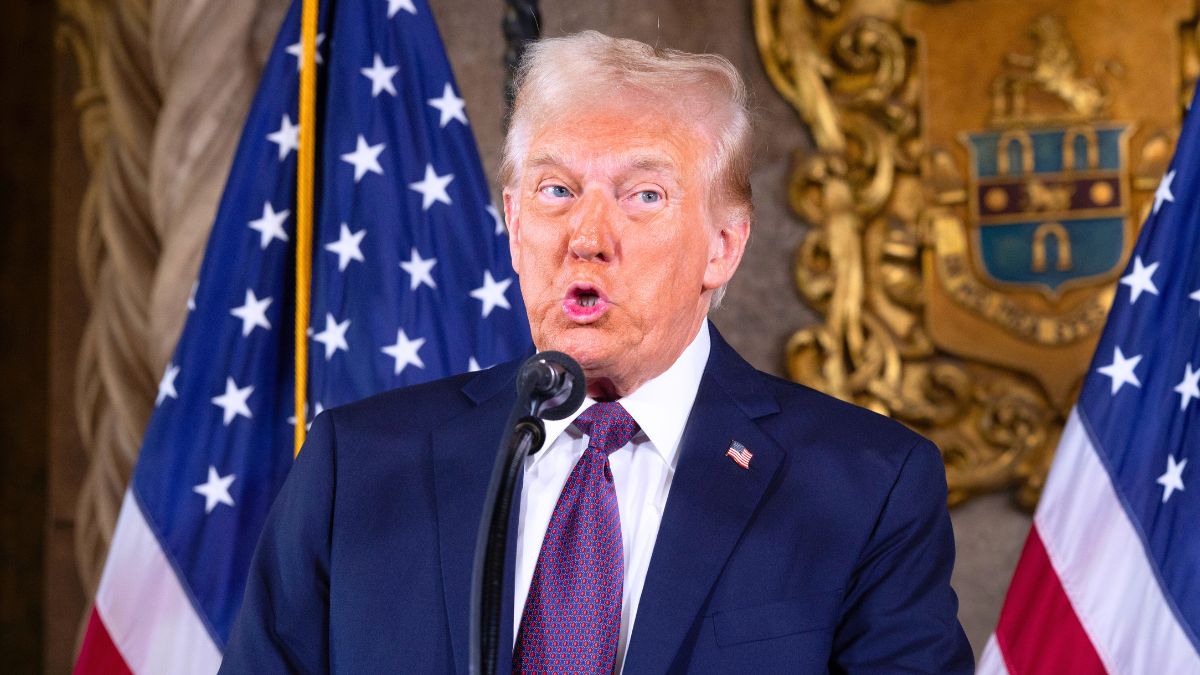 President-elect Donald Trump speaks to members of the media during a press conference at the Mar-a-Lago Club on January 07, 2025