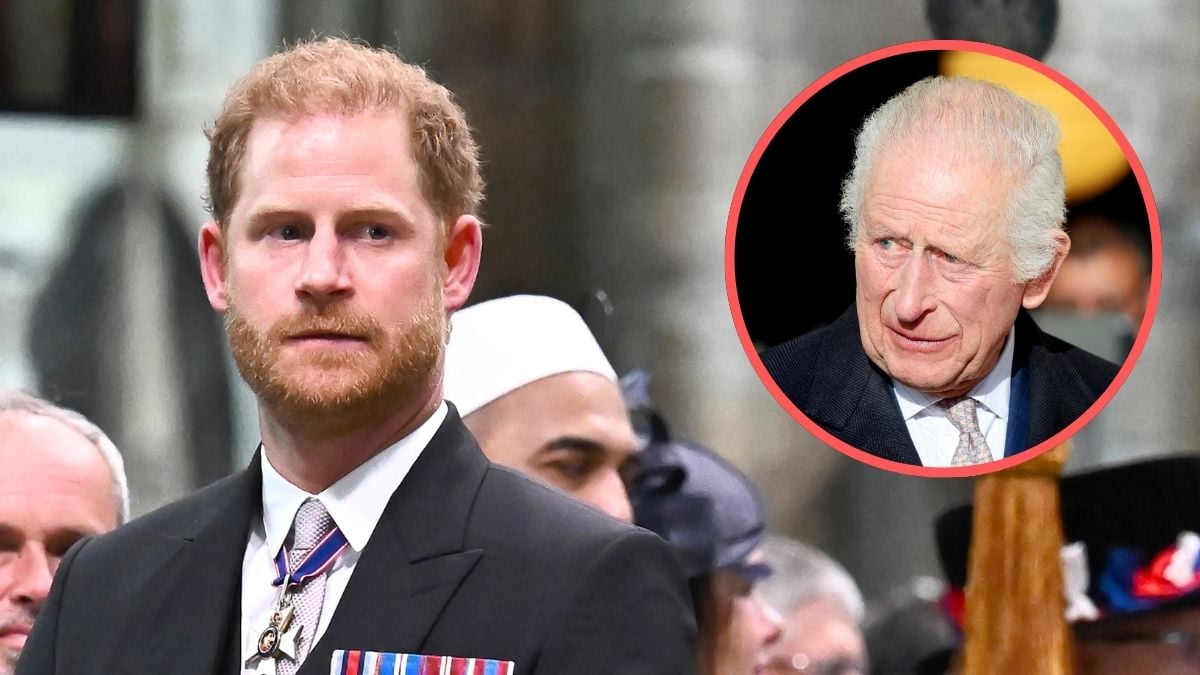 Prince Harry, Duke of Sussex attends the Coronation of King Charles III and Queen Camilla on May 6, 2023 in London, England. Inset: King Charles III attends a reception at Waltham Forest Town Hall on December 20, 2024 in London, England.