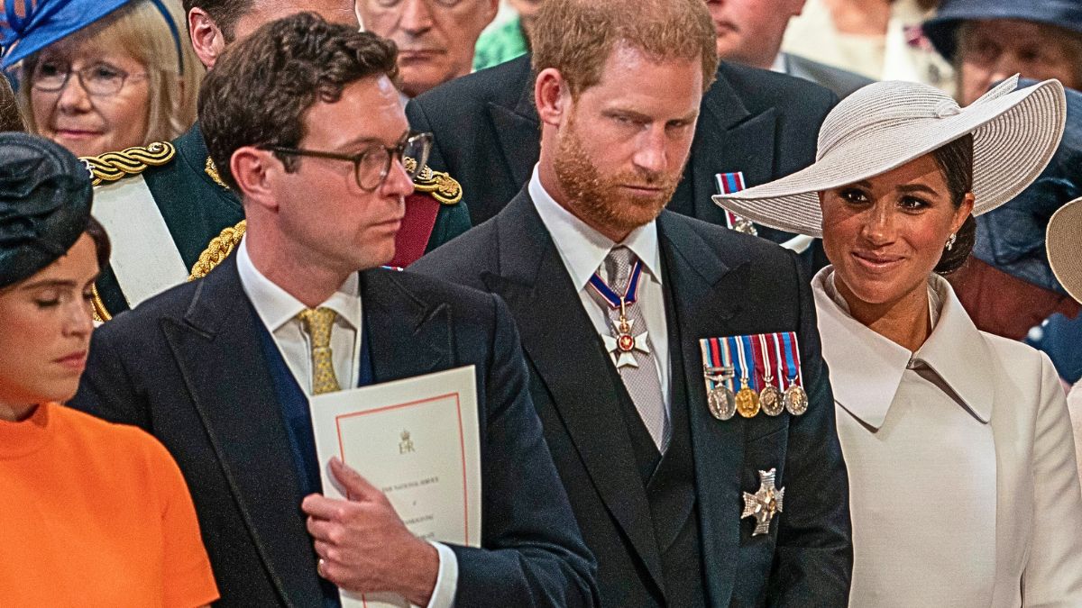 Princess Eugenie, Jack Brooksbank, Prince Harry, Duke of Sussex and Meghan, Duchess of Sussex attend the service of thanksgiving for the Queen. on June 3, 2022 in London, England. The Platinum Jubilee of Elizabeth II is being celebrated from June 2 to June 5, 2022, in the UK and Commonwealth to mark the 70th anniversary of the accession of Queen Elizabeth II on 6 February 1952.