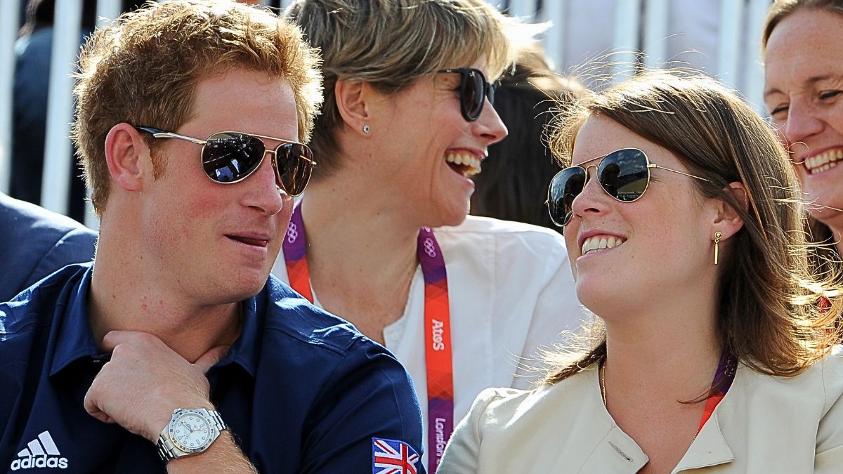 Prince Harry, and Princess Eugenie watch the Eventing Cross Country Equestrian event on Day 3 of the London 2012 Olympic Games at Greenwich Park on July 30, 2012 in London, England. 