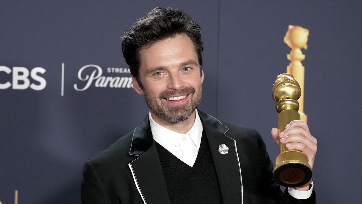 Sebastian Stan, winner of Best Performance by a Male Actor in a Motion Picture – Musical or Comedy Award for “A Different Man,” poses in the press room at the 82nd Annual Golden Globe Awards