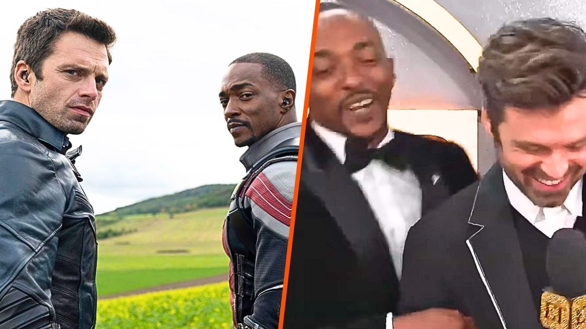 Photo montage of Anthony Mackie and Sebastian Stan as Flacon and The Winter Soldier and at the 2025 Golden Globes