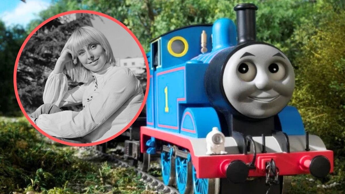 Thomas from Thomas & Friends. Inset: English television producer and director Britt Allcroft posed on 23rd November 1973.