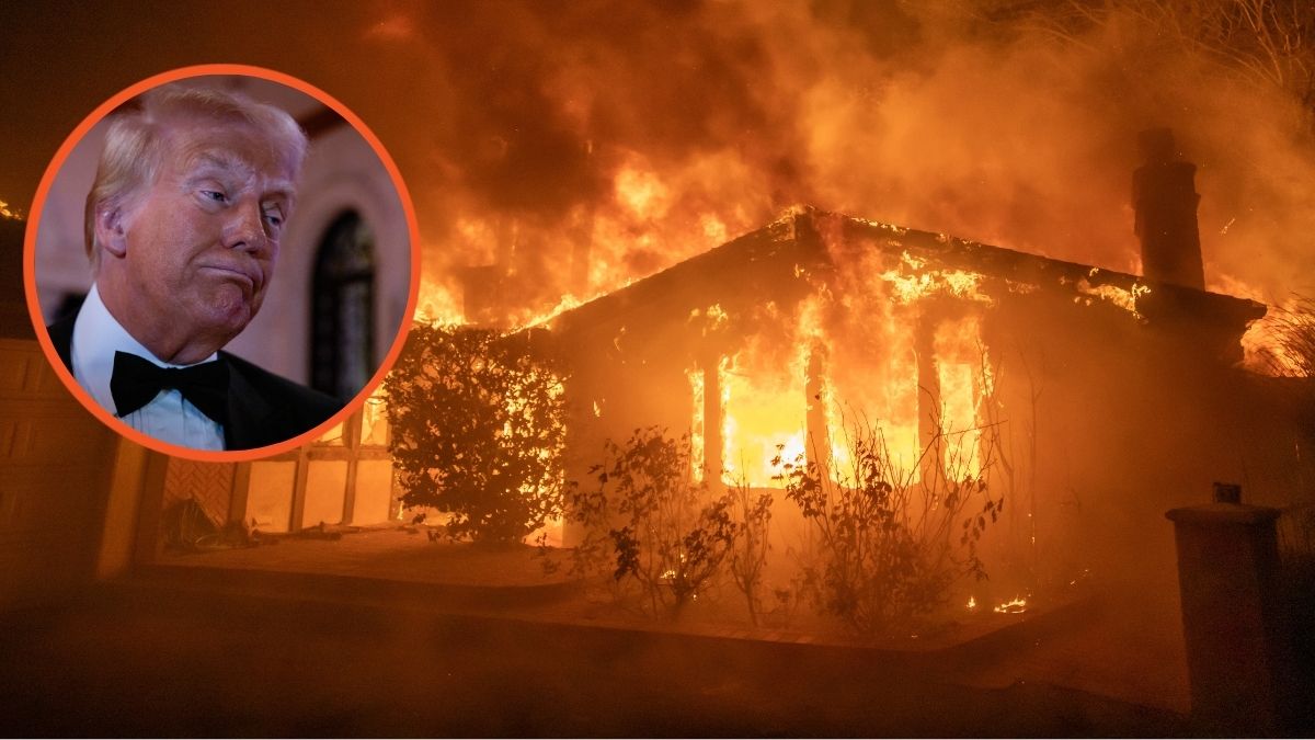 A house engulfed in flames next to an an image of Trump