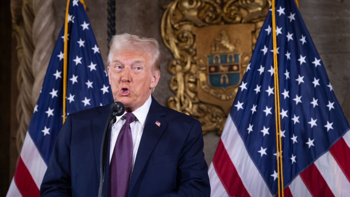 U.S. President-elect Donald Trump speaks to members of the media during a press conference at the Mar-a-Lago Club on January 07, 2025 in Palm Beach, Florida. Trump will be sworn in as the 47th president of the United States on January 20, making him the only president other than Grover Cleveland to serve two non-consecutive terms in the office.