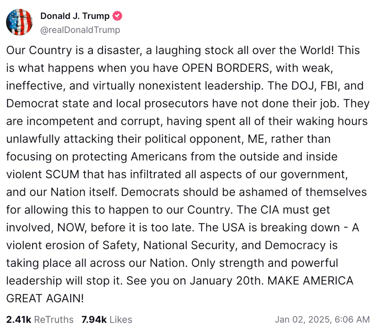 Truth Social post by Donald Trump about immigration and New Orleans terrorist attack