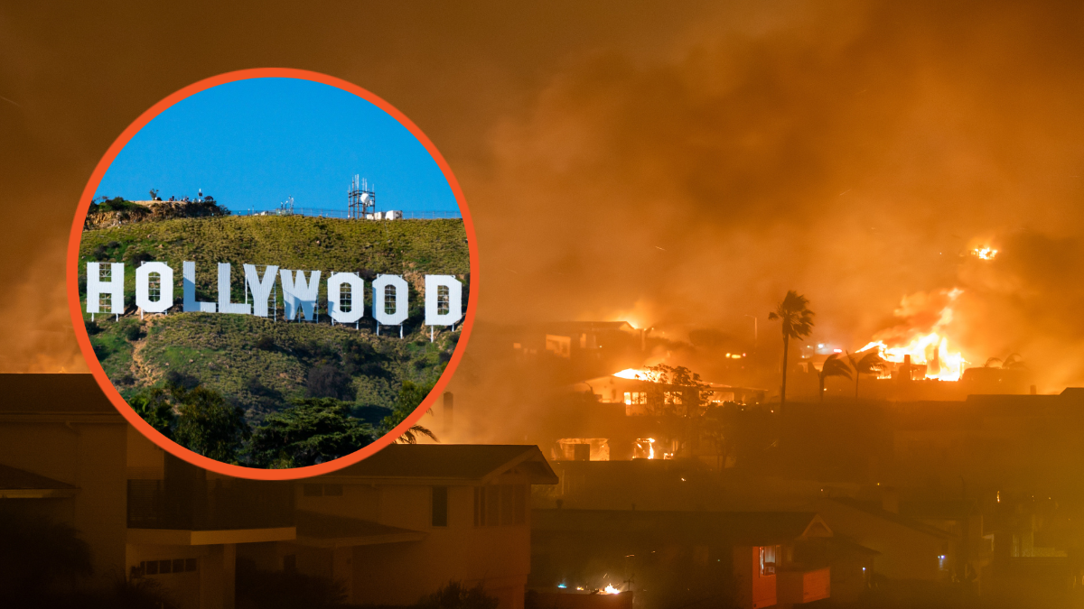 The Palisades Fire burns homes amid a powerful windstorm on January 8, 2025 in the Pacific Palisades neighborhood of Los Angeles, California. The fast-moving wildfire it grow to more than 2900-acres and is threatening homes in the coastal neighborhood amid intense Santa Ana Winds and dry conditions in Southern California. (Photo by Apu Gomes/Getty Images) / General views of the Hollywood Sign surrounded by greenery after recent rains on March 24, 2023 in Hollywood, California. (Photo by AaronP/Bauer-Griffin/GC Images)