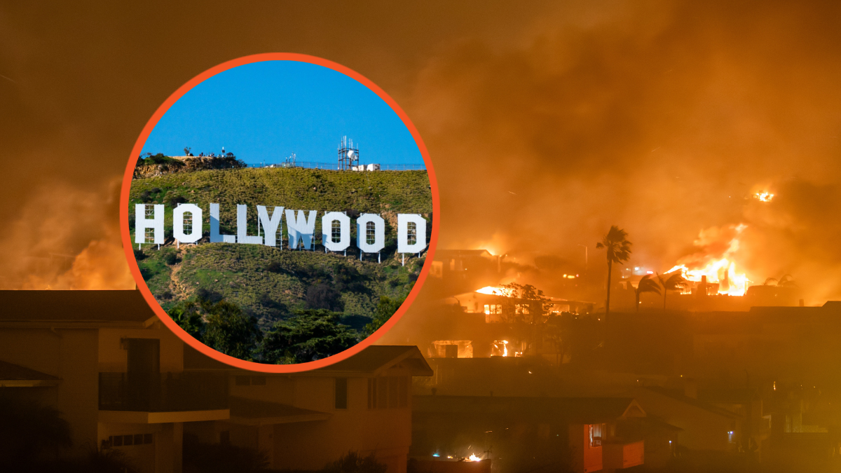 The Palisades Fire burns homes amid a powerful windstorm on January 8, 2025 in the Pacific Palisades neighborhood of Los Angeles, California. The fast-moving wildfire it grow to more than 2900-acres and is threatening homes in the coastal neighborhood amid intense Santa Ana Winds and dry conditions in Southern California. (Photo by Apu Gomes/Getty Images) / General views of the Hollywood Sign surrounded by greenery after recent rains on March 24, 2023 in Hollywood, California. (Photo by AaronP/Bauer-Griffin/GC Images)