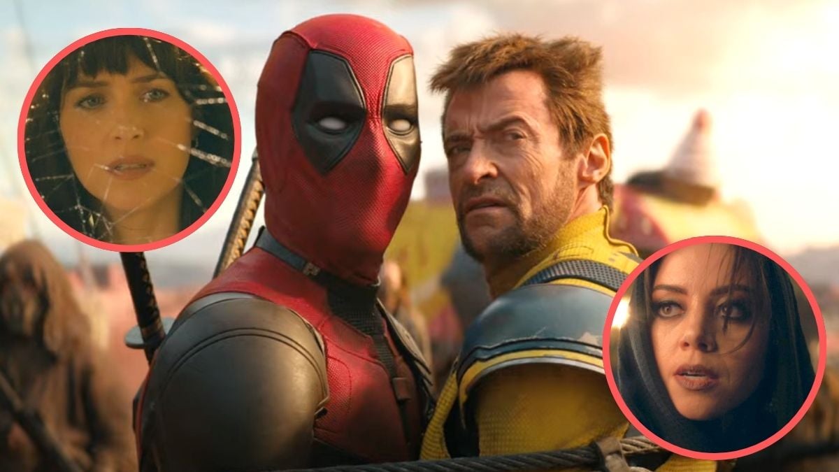 Ryan Reynolds and Hugh Jackman in Deadpool & Wolverine. Inset 1: Dakota Johnson in Madame Web. Inset 2: Aubrey Plaza in Agatha All Along.