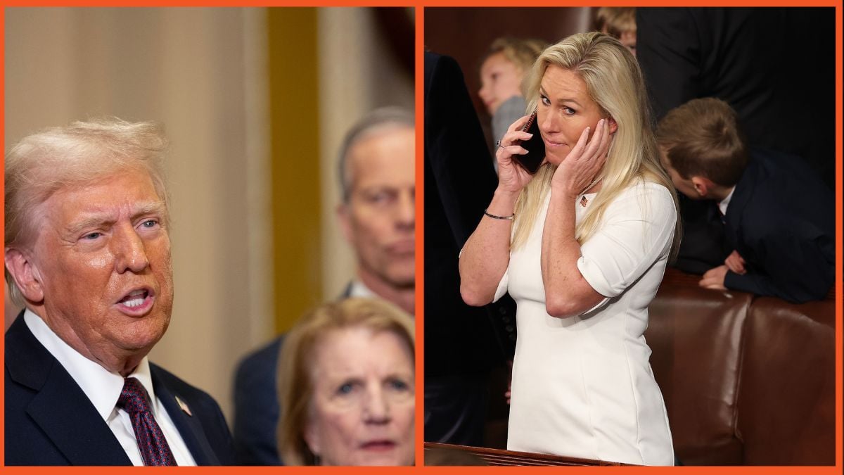 U.S. President-elect Donald Trump speaks to the media as Sen. Shelley Moore Capito (R-WV) and Senate Majority Leader John Thune (R-SD) look on at the U.S. Capitol and U.S. Rep. Marjorie Taylor Greene (R-GA) talks on the phone as the House votes for a Speaker of the House.