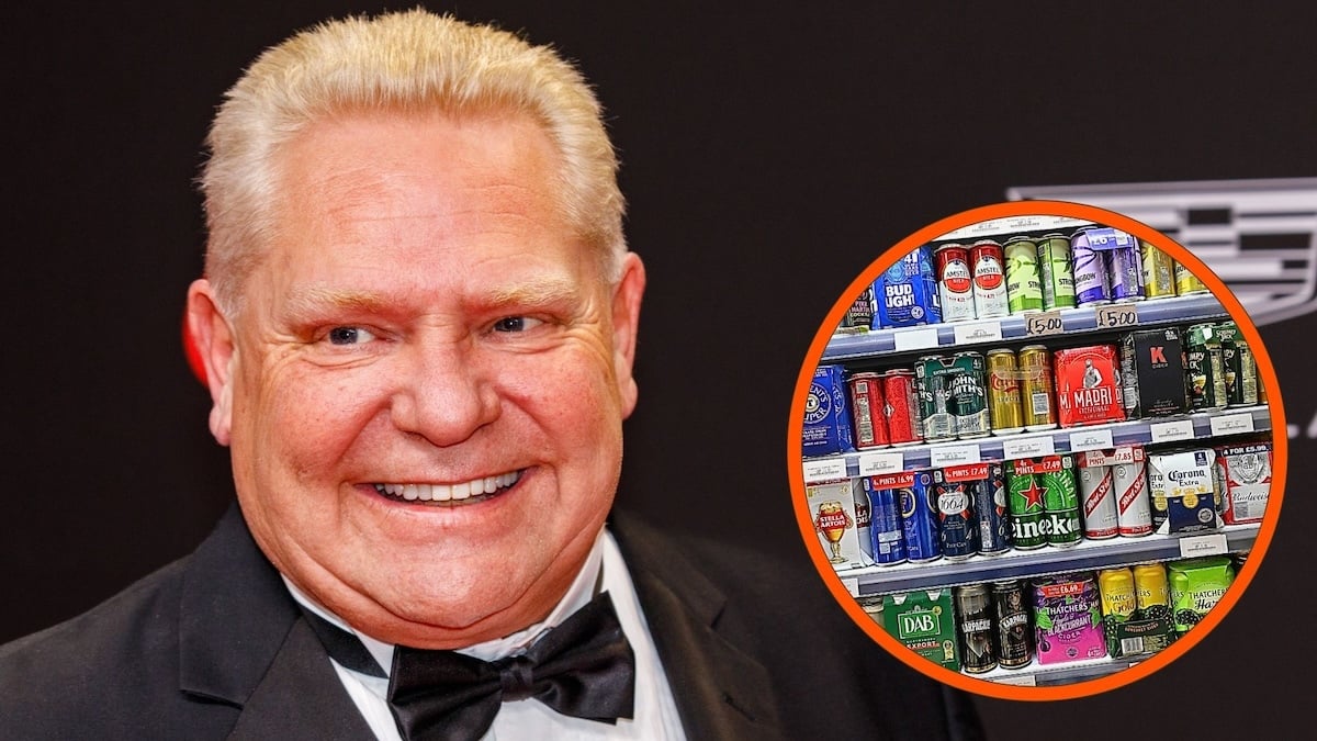 Premier of Ontario Doug Ford attends Canada’s Walk of Fame’s 25th Anniversary Celebration at Metro Toronto Convention Centre, and various cans of lager, beer and cider are displayed on shelves in an Off License