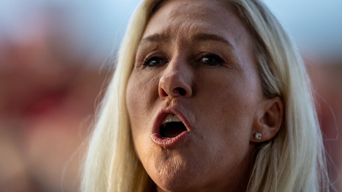 U.S. Rep, Marjorie Taylor Greene (R-GA) attends a campaign rally for Republican presidential nominee, former U.S. President Donald Trump at the Atrium Health Amphitheater on November 03, 2024 in Macon, Georgia