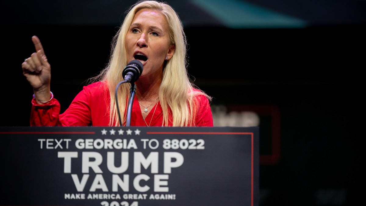 SAVANNAH, GEORGIA - SEPTEMBER 24: U.S. Rep. Marjorie Taylor Greene (R-GA) speaks ahead of the arrival of Republican presidential nominee, former U.S. President Donald Trump during a campaign rally at the Johnny Mercer Theatre on September 24, 2024 in Savannah, Georgia