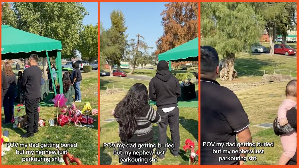 Screenshots of people mourning at a funeral in a cemetery