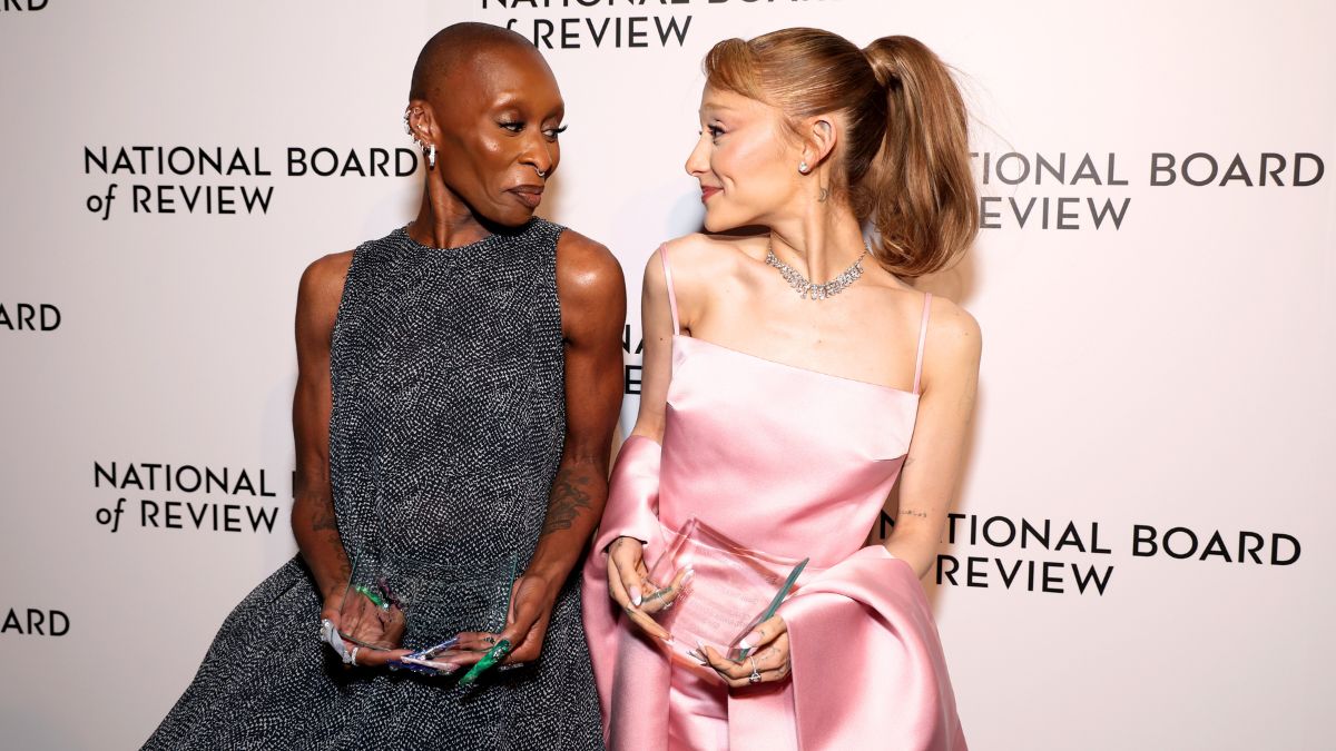 Cynthia Erivo and Ariana Grande pose with the NBR Spotlight Award: Creative Collaboration for "Wicked" during The National Board of Review Annual Awards Gala at Cipriani 42nd Street on January 07, 2025 in New York City.