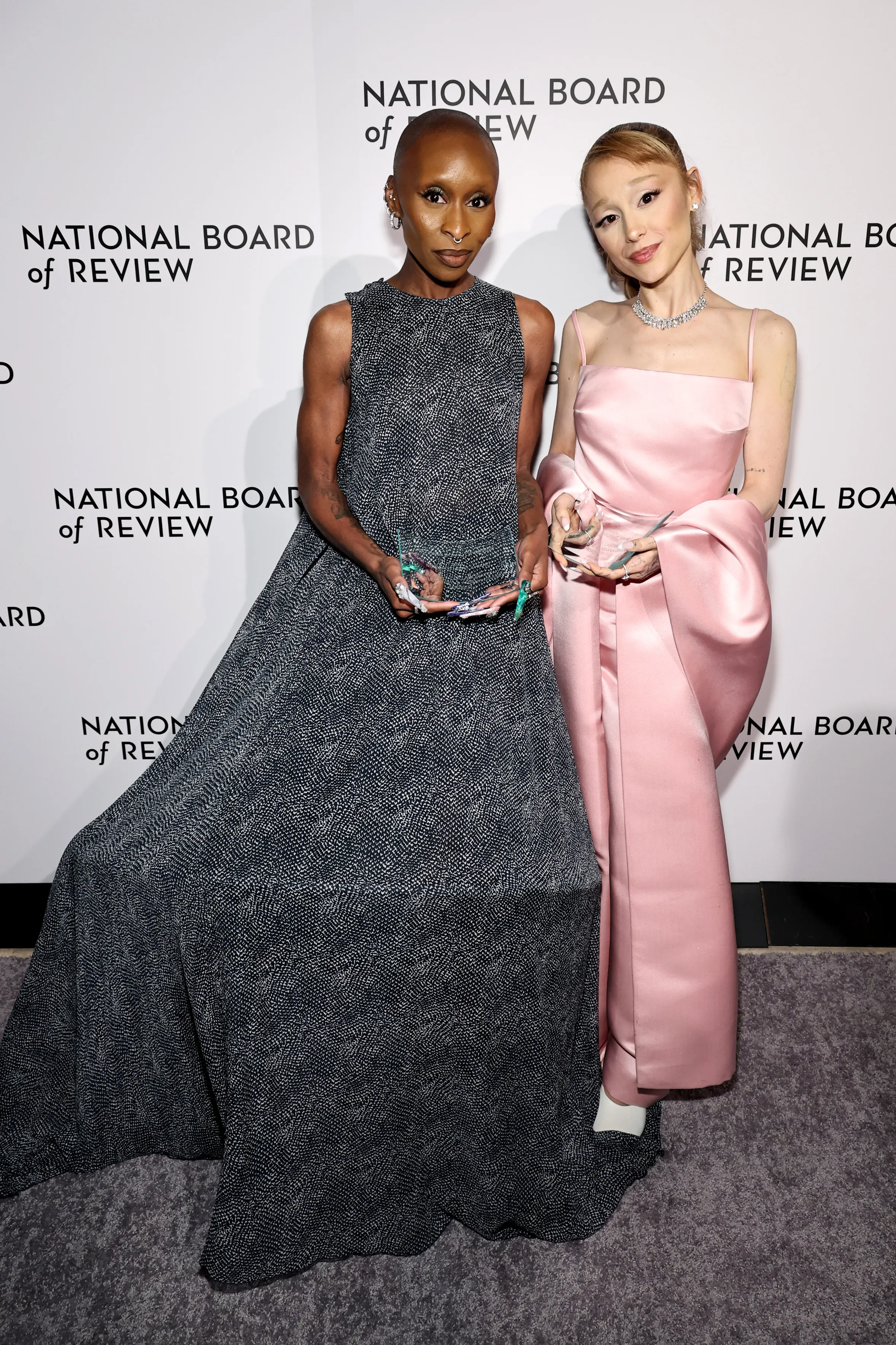 Cynthia Erivo and Ariana Grande pose with the NBR Spotlight Award: Creative Collaboration for "Wicked" during The National Board of Review Annual Awards Gala at Cipriani 42nd Street on January 07, 2025 in New York City.