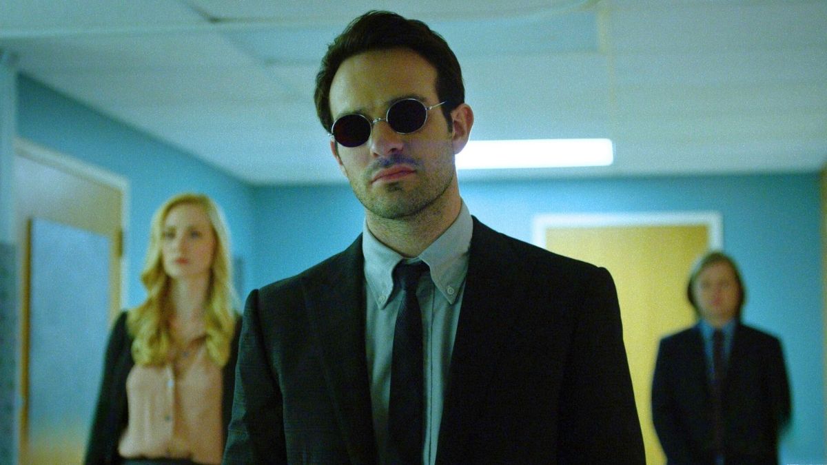 Karen Page, (Deborah Ann Woll) Matt Murdock (Charlie Cox), and Foggy Nelson (Elden Henson) in Daredevil: Born Again