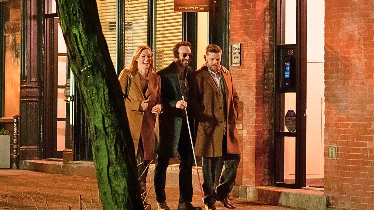 Charlie Cox as Matt Murdock / Daredevil, Deborah Ann Woll as Karen Page, and Elden Henson as Franklin "Foggy" Nelson in 'Daredevil: Born Again'.