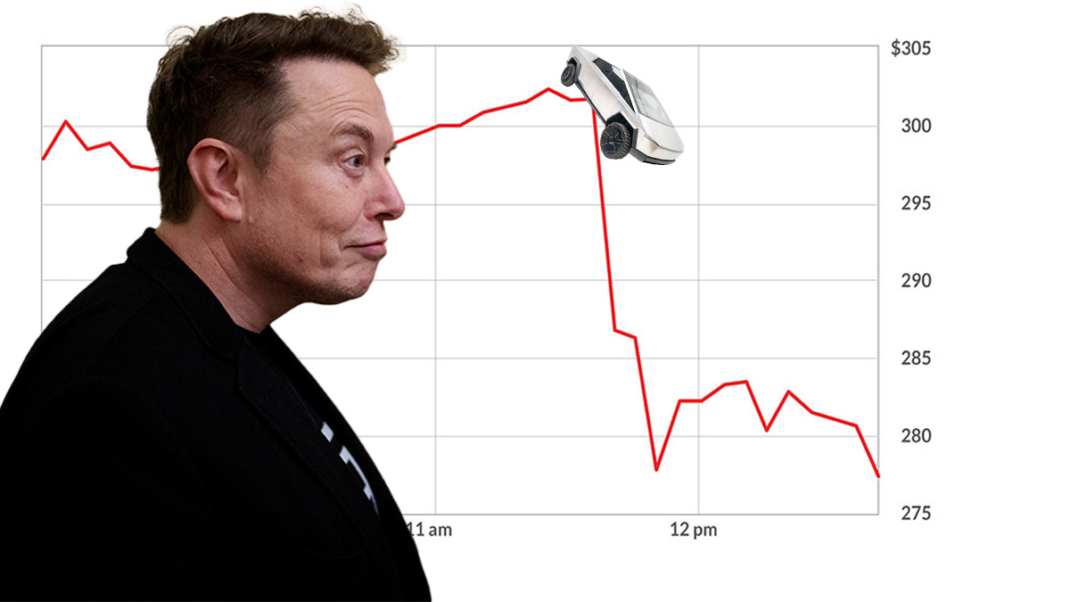 Elon Musk watches a Cyber Truck plunge from falling stock prices. Remix by Ash