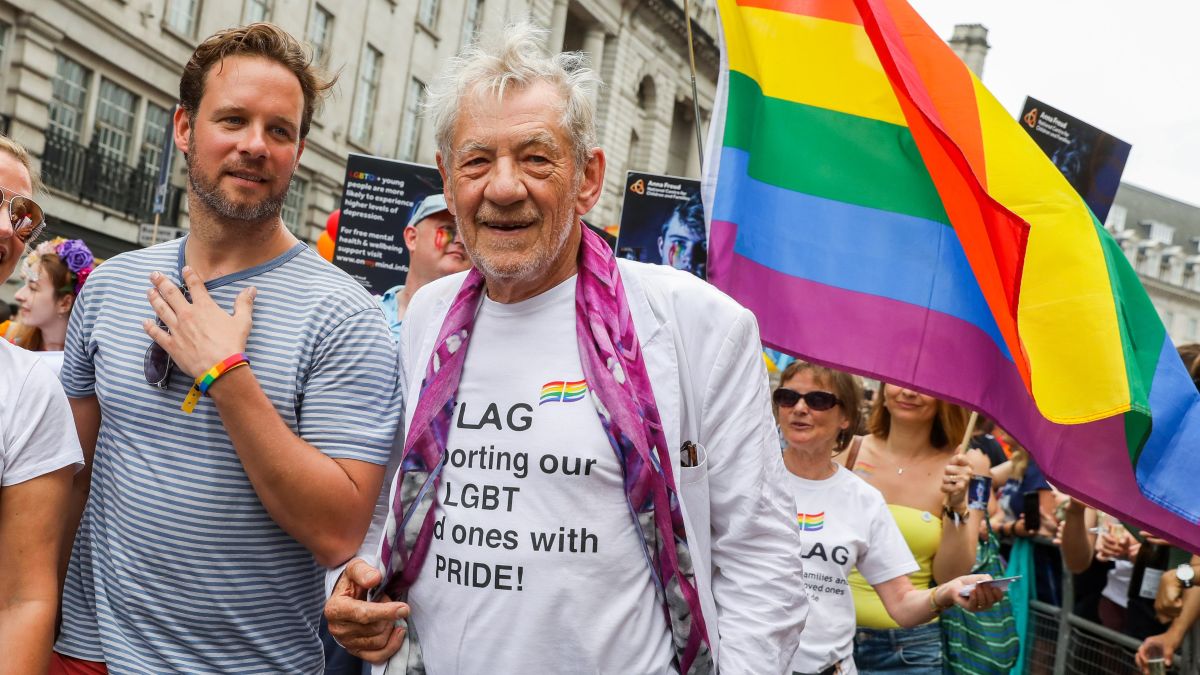 Sir Ian McKellen walking through Piccadilly Circus during Pride in London 2019 on July 06, 2019 in London, England. (Photo by Tristan Fewings/Getty Images for Pride in London)