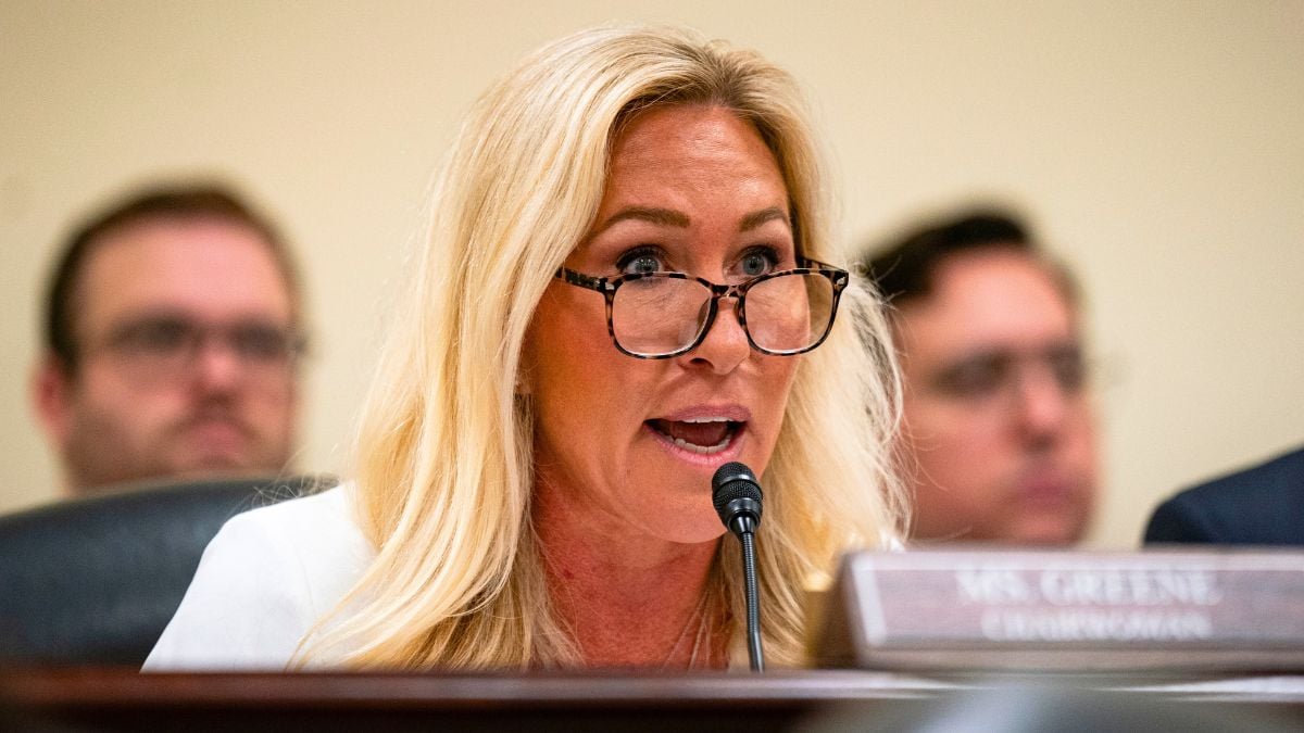 Marjorie Taylor Greene (R-SC) presides over a hearing of the House Oversight Subcommittee in the Rayburn House Office Building