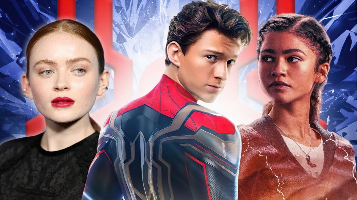 Tom Holland as Peter Parker in a Spider-Man: No Way Home poster, with Zendaya and MJ and Sadie Sink at the LA premiere for O'Dessa superimposed on his left and right.