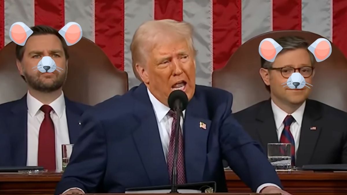 Trump speaking to Congress with JD Vance and Mike Johnson sitting behind him. Vance and Johnson have been edited to be given mouse ears for comedic effect.