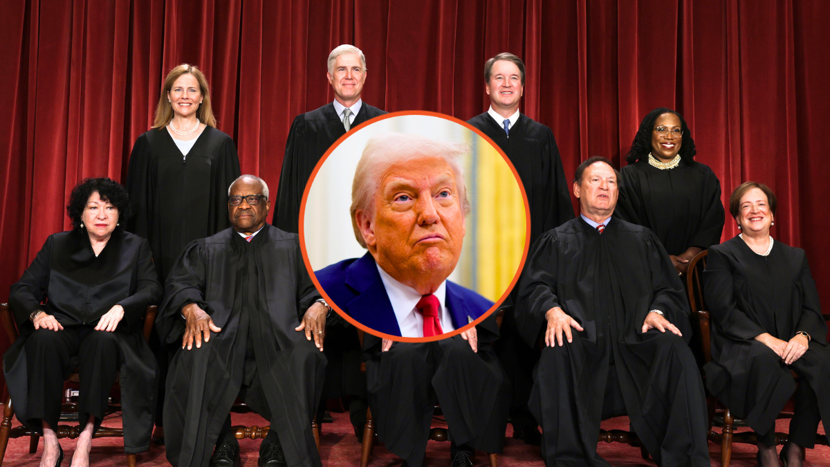United States Supreme Court (front row L-R) Associate Justice Sonia Sotomayor, Associate Justice Clarence Thomas, Chief Justice of the United States John Roberts, Associate Justice Samuel Alito, and Associate Justice Elena Kagan, (back row L-R) Associate Justice Amy Coney Barrett, Associate Justice Neil Gorsuch, Associate Justice Brett Kavanaugh and Associate Justice Ketanji Brown Jackson pose for their official portrait at the East Conference Room of the Supreme Court building on October 7, 2022 in Washington, DC. The Supreme Court has begun a new term after Associate Justice Ketanji Brown Jackson was officially added to the bench in September. (Photo by Alex Wong/Getty Images) / U.S. President Donald Trump gestures while speaking during an executive order signing event in the Oval Office of the White House on March 31, 2025 in Washington, DC. Trump has signed an executive order against ticket scalping and reforming the live entertainment ticket industry. (Photo by Andrew Harnik/Getty Images)