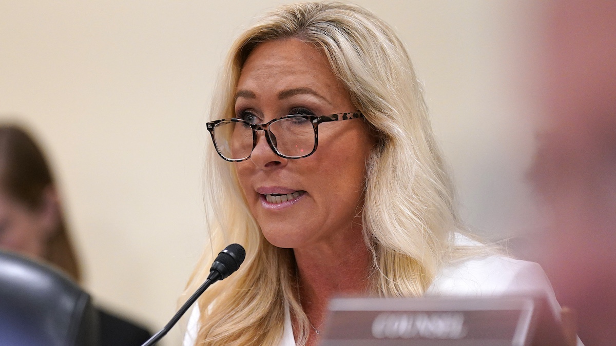 WASHINGTON, DC - FEBRUARY 12: Chair of the Subcommittee on Delivering On Government Efficiency (DOGE) U.S. Rep. Marjorie Taylor Greene (R-SC) presides over a hearing of the House Oversight Subcommittee in the Rayburn House Office Building on February 12, 2025