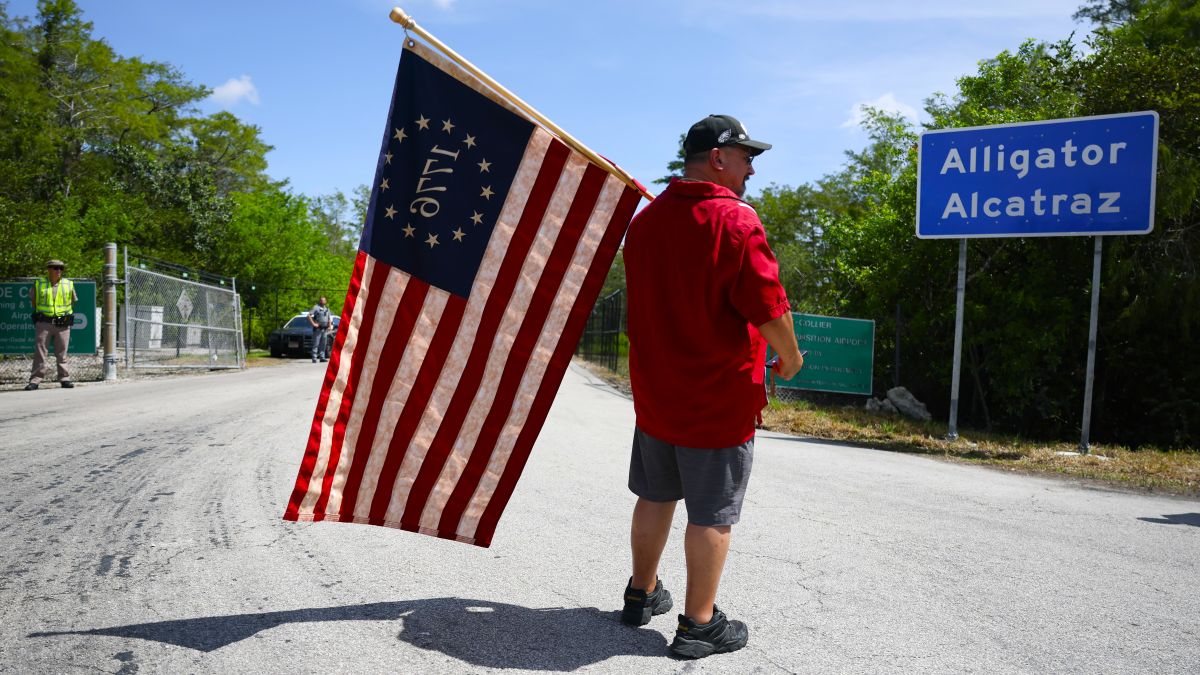 David Mourer visits the entrance to "Alligator Alcatraz" at the Dade-Collier Training and Transition Airport on July 12, 2025, in Ochopee, Florida. Members of Congress were given their first visit to the new state-managed immigration detention facility in the Florida Everglades that officials have named “Alligator Alcatraz.” (Photo by Joe Raedle/Getty Images)