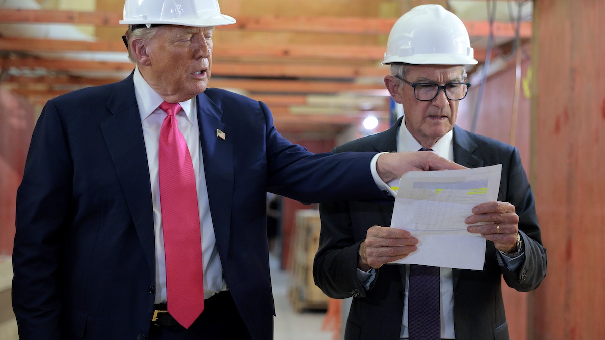 WASHINGTON, DC - JULY 24: U.S. President Donald Trump and Federal Reserve Chair Jerome Powell tour the Federal Reserve’s $2.5 billion headquarters renovation project on July 24, 2025 in Washington, DC. The Trump administration has been critical of the cost of the renovation and Federal Reserve Chairman Jerome Powell.