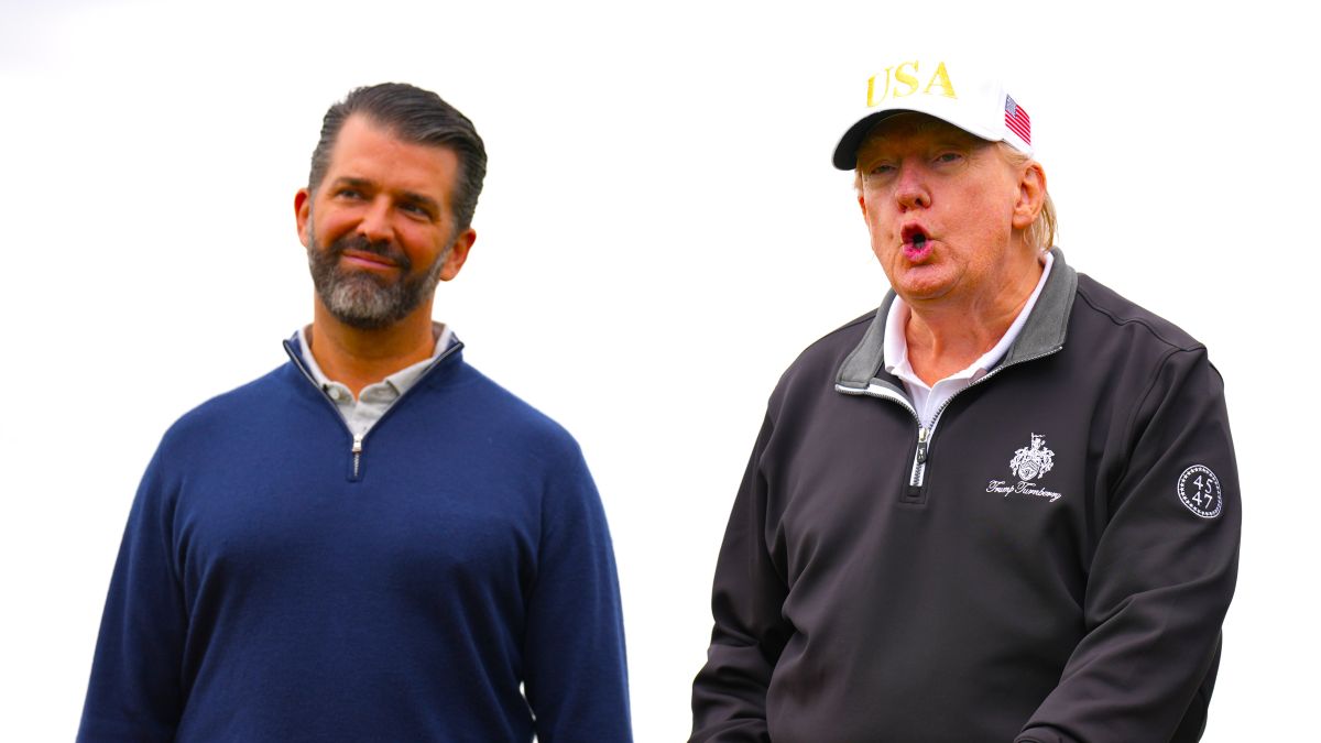 U.S. President Donald Trump speaks next to Donald Trump Jr. (L) and Eric Trump as they attend the ribbon-cutting ceremony at a new 18-hole course at Trump International Golf Links on July 29, 2025 in Balmedie, near Aberdeen, Scotland. President Trump is visiting Scotland in a trip that’s part-vacation, part-work, as he stayed at his Trump Turnberry golf course, followed by Trump International Golf Links in Aberdeenshire, between July 25 to 29. (Photo by Andrew Harnik/Getty Images)