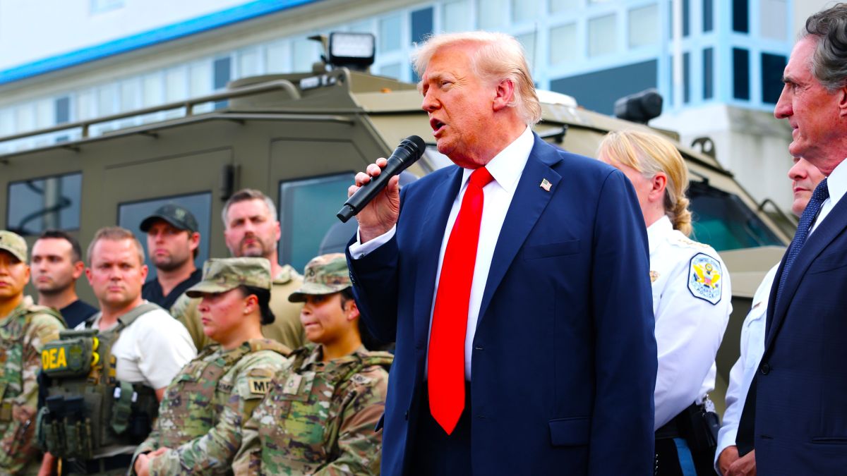 U.S. President Donald Trump gives remarks to law enforcement officers at the U.S. Park Police Anacostia Operations Facility on August 21, 2025 in Washington, DC. The Trump administration has deployed federal officers and the National Guard to the District in order to place the DC Metropolitan Police Department under federal control and assist in crime prevention in the nation's capital. (Photo by Anna Moneymaker/Getty Images)