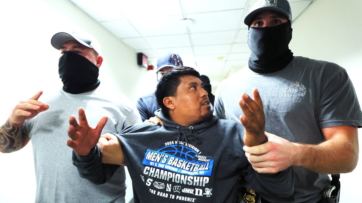 A man is detained by federal agents after leaving a court hearing in immigration court at the Jacob K. Javitz Federal Building on August 26, 2025 in New York City. Attorney General Letitia James announced that her office has made a legal filing asking the U.S District Court for the Southern District of New York to block Immigration and Customs Enforcement (ICE) from detaining immigrants inside of courthouses as they attend their court hearings at immigration court. (Photo by Michael M. Santiago/Getty Images)