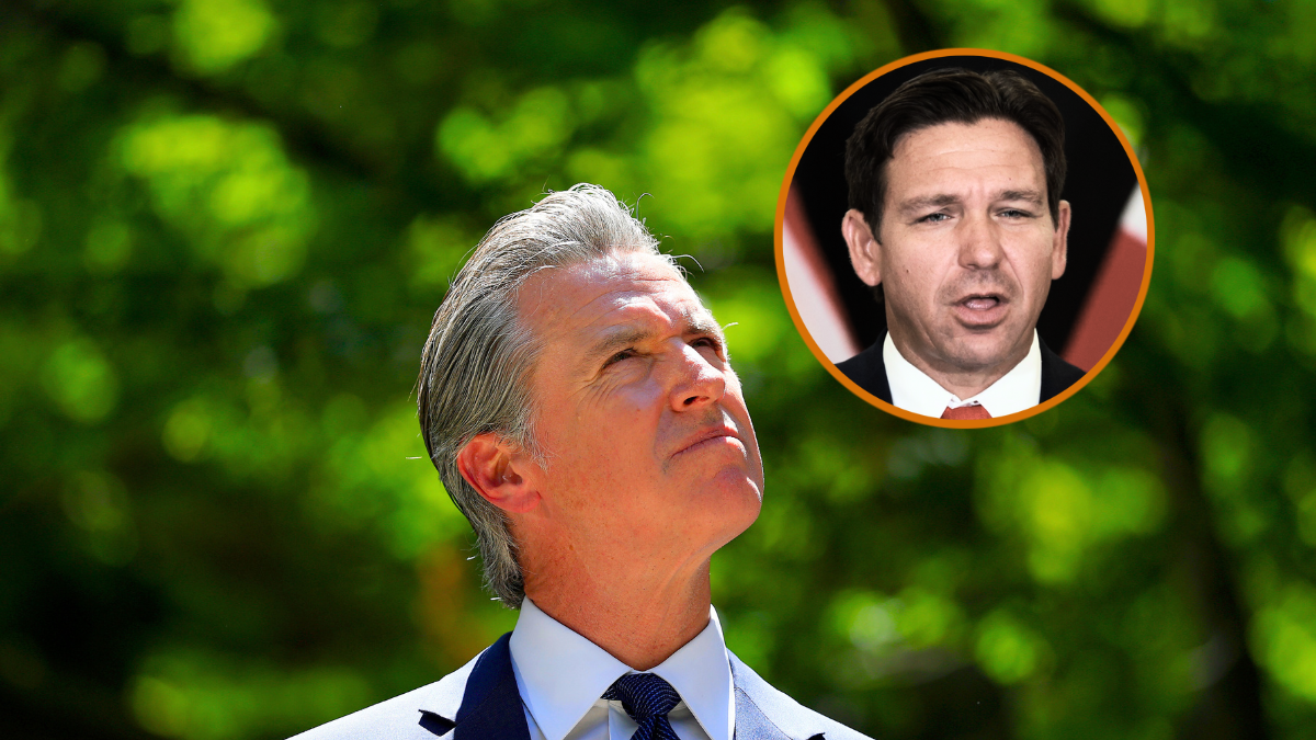 Florida Gov. Ron DeSantis speaks during a press conference regarding an apparent assassination attempt of former President Donald Trump on September 17, 2024 in West Palm Beach, Florida. The Governor announced that the State of Florida's law enforcement will do their own investigation into the incident, which the FBI said "appears to be an attempted assassination of former President Trump' while he was golfing at Trump International Golf Club. (Photo by Joe Raedle/Getty Images) / California Gov. Gavin Newsom looks on during a news conference with Texas lawmakers at the Governor’s Mansion on July 25, 2025 in Sacramento, California. California Gov. Gavin Newsom met with Texas lawmakers to push back on Texas's redistricting maneuver that aims to tilt the outcome of the 2026 midterm elections and on how California plans to respond. (Photo by Justin Sullivan/Getty Images)