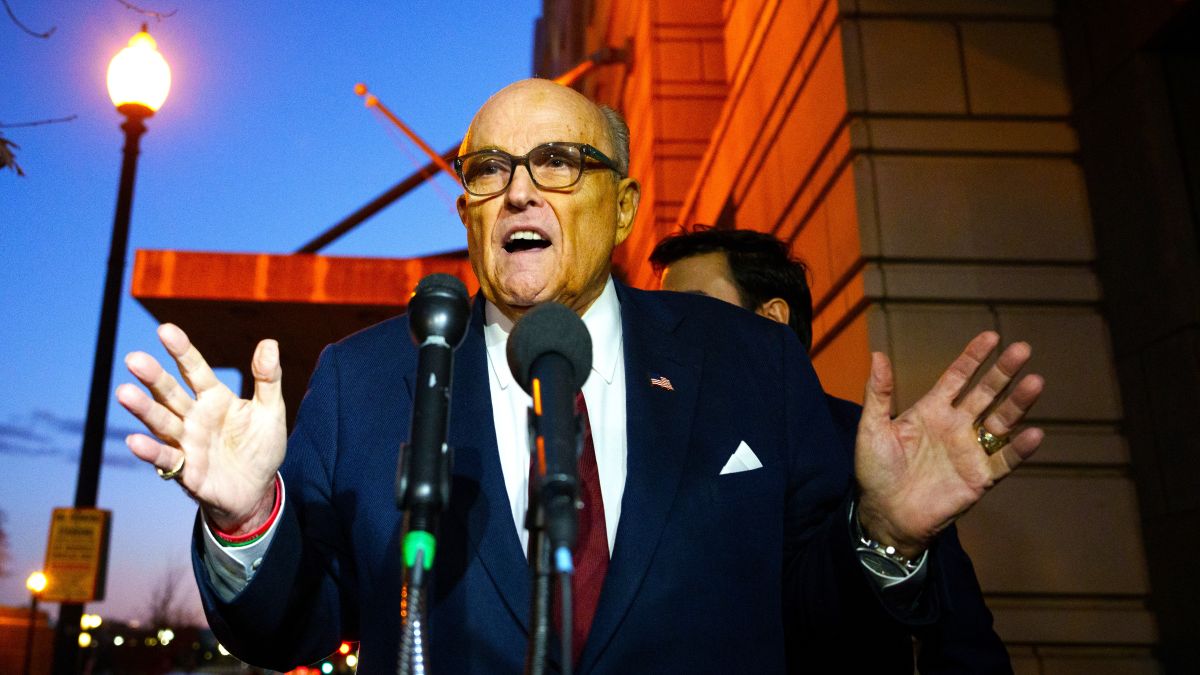 Rudy Giuliani, the former personal lawyer for former U.S. President Donald Trump, speaks to the press as he leaves the E. Barrett Prettyman U.S. District Courthouse on December 11, 2023 in Washington, DC. Jury selection and opening arguments started today in his defamation jury trial brought by Fulton County election workers Ruby Freeman and Shaye Moss, who successfully sued Giuliani in civil court. (Photo by Drew Angerer/Getty Images)