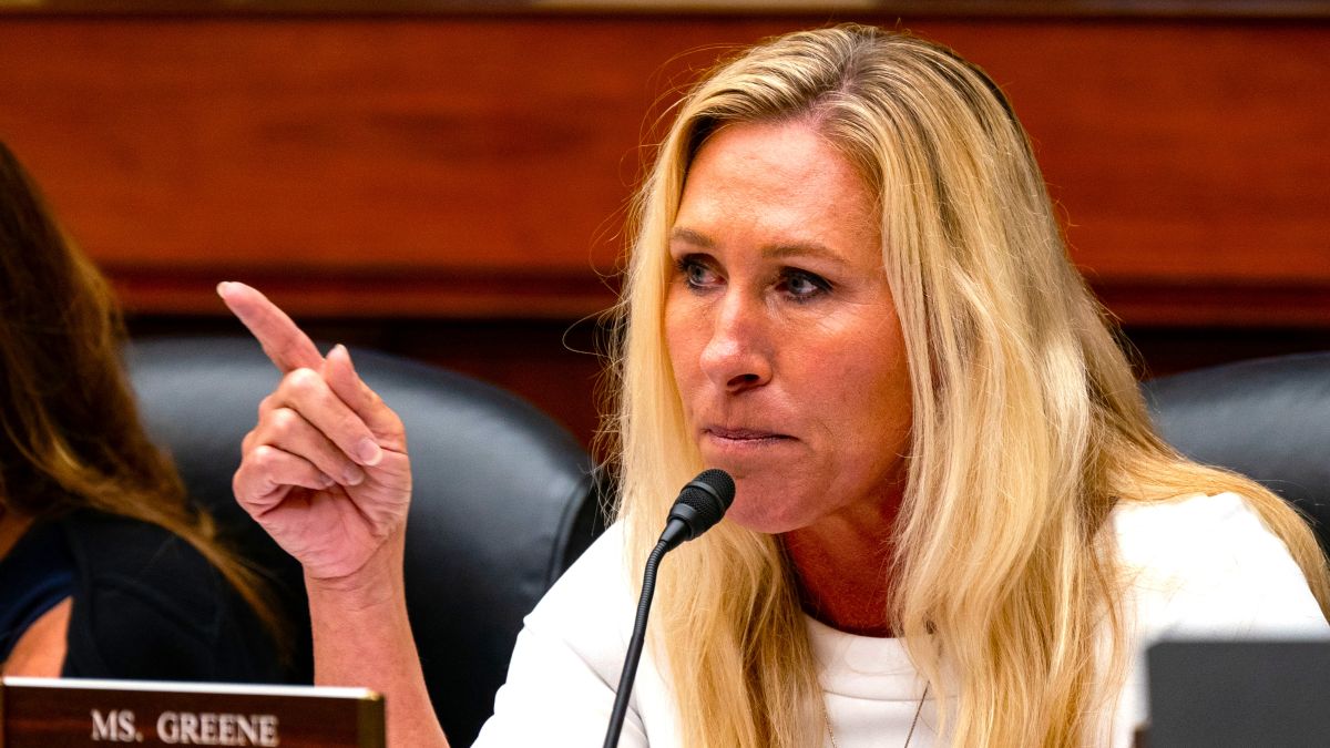 Rep. Marjorie Taylor Greene (R-GA) gestures while speaking as United States Secret Service Director Kimberly Cheatle testifies before the House Oversight and Accountability Committee during a hearing at the Rayburn House Office Building on July 22, 2024 in Washington, DC. The beleaguered leader of the United States Secret Service has vowed cooperation with all investigations into the agency following the attempted assassination of former President Donald Trump. (Photo by Kent Nishimura/Getty Images)