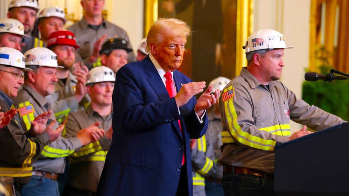 U.S. President Donald Trump listens as coal miner Jeff Crowe speaks during an executive order signing ceremony in the East Room of the White House on April 08, 2025 in Washington, DC. Trump said the executive order is intended to help revive coal-fired plants. (Photo by Anna Moneymaker/Getty Images)
