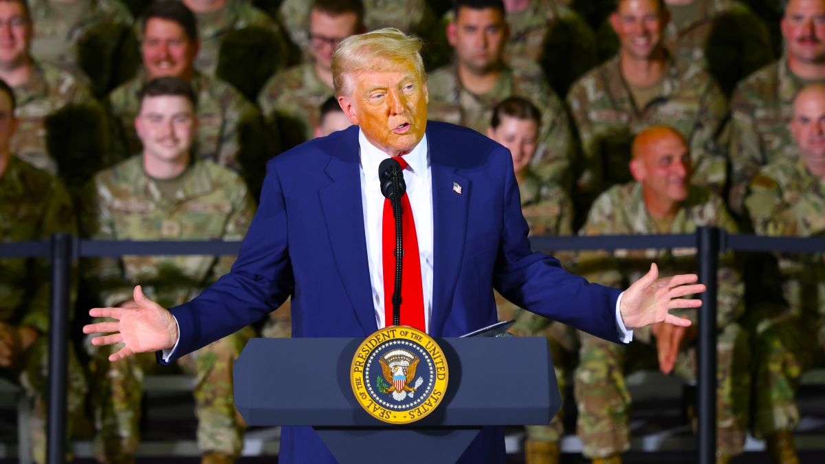 U.S. President Donald Trump speaks during a visit with Michigan Air National Guard troops on April 29, 2025 at Selfridge Air National Guard Base, Michigan. Trump will travel to Macomb Community College in Warren, Michigan to hold a rally where he is expected to highlight his accomplishments during his first 100 days in office, including closing the border, job creation and the economy. (Photo by Scott Olson/Getty Images)