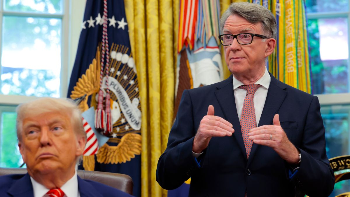U.S. President Donald Trump along with Peter Mandelson, British Ambassador to the United States, address reporters in the Oval Office at the White House on May 08, 2025 in Washington, DC. During their remarks they spoke about a trade deal that was made between the United States and the United Kingdom. (Photo by Anna Moneymaker/Getty Images)