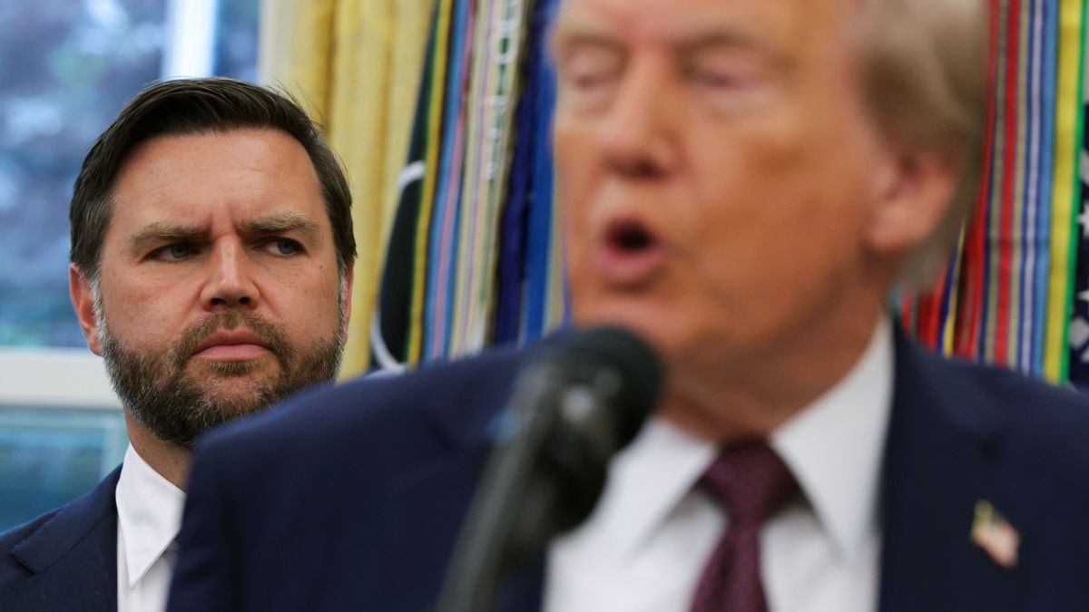 U.S. Vice President JD Vance (L) looks on as U.S. President Donald Trump speaks to the media in the Oval Office at the White House on September 2, 2025 in Washington, DC. Following days of speculation about his health from users on social media, President Trump made his first public appearance in a week to announce the moving of Space Command headquarters from Colorado to Alabama. (Photo by Alex Wong/Getty Images)