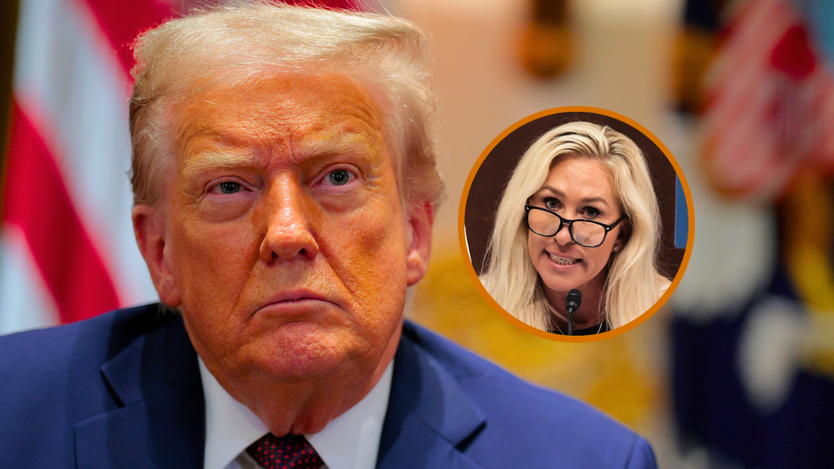 U.S. Rep. Marjorie Taylor Greene (R-GA) holds up maps of the U.S. in front of an alleged screenshot from USA Fencing board director Damien Lehfeldt's instagram during the hearing on “Unfair Play: Keeping Men Out of Women’s Sports" held by the Department of Government Efficiency (DOGE) Subcommittee at the U.S. Capitol on May 07, 2025 in Washington, DC. The hearing comes after U.S. President Donald Trump signed an executive order in February that withholds federal funding from programs that allow transgender women and girls to compete in women’s sports events. (Photo by Kayla Bartkowski/Getty Images) / U.S. President Donald Trump attends a cabinet meeting with members of his administration in the Cabinet Room of the White House on August 26, 2025 in Washington, DC. This is the seventh cabinet meeting of Trump's second term. (Photo by Chip Somodevilla/Getty Images)