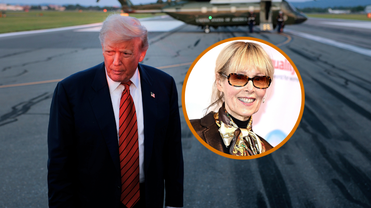 E. Jean Carroll attends Equality Now's Make Equality Reality Gala at Sony Hall on October 08, 2024 in New York City. (Photo by Steven Ferdman/Getty Images) / U.S. President Donald Trump speaks to reporters near Air Force One at the the Lehigh Valley International Airport on August 03, 2025 in Allentown, Pennsylvania. Trump spoke to reporters about a range of topics including tensions between Cambodia and Thailand, negotiations with Russia and the Federal Reserve. Trump spent the weekend at his property in Bedminster, New Jersey. (Photo by Anna Moneymaker/Getty Images)