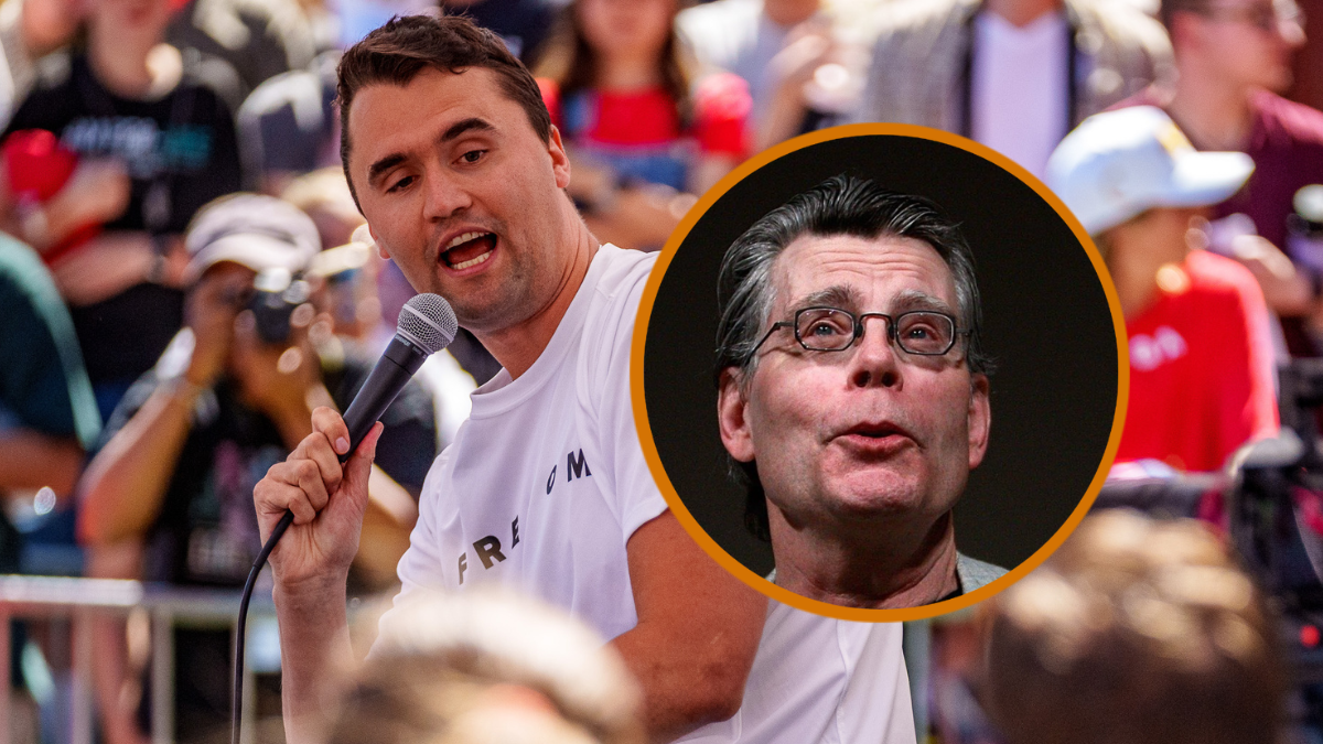 Author Stephen King reads from his new novella "Ur", exclusively available on the Kindle, at an unveiling event for the Amazon Kindle 2 at the Morgan Library & Museum February 9, 2009 in New York City. The updated electronic reading device is slimmer with new syncing technology and longer battery life and will begin shipping February 24th. (Photo by Mario Tama/Getty Images) / Charlie Kirk speaks at Utah Valley University on September 10, 2025 in Orem, Utah. Kirk, founder of Turning Point USA, was speaking at his "American Comeback Tour" when he was shot in the neck and killed. (Photo by Trent Nelson/The Salt Lake Tribune/Getty Images)