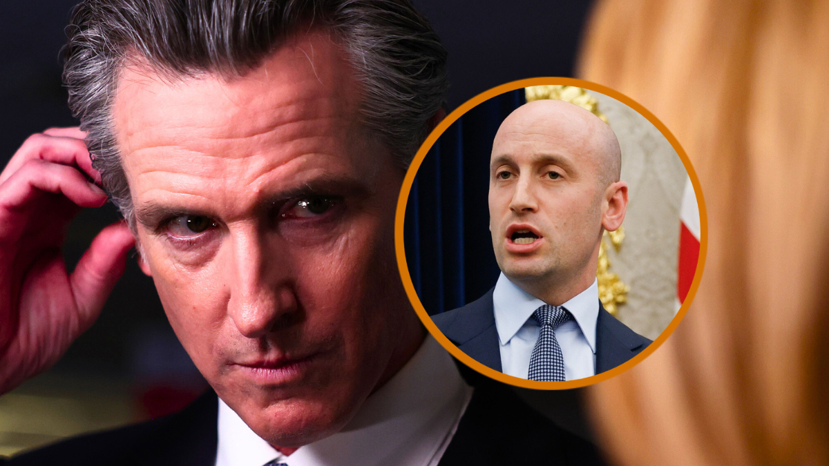 California Gov. Gavin Newsom talks to reporters in the spin room following the FOX Business Republican Primary Debate at the Ronald Reagan Presidential Library on September 27, 2023 in Simi Valley, California. Seven presidential hopefuls squared off in the second Republican primary debate as former U.S. President Donald Trump, currently facing indictments in four locations, declined again to participate. (Photo by Mario Tama/Getty Images) / White House Deputy Chief of Staff Stephen Miller speaks during an event where U.S. President Donald Trump signed a Presidential Memorandum in the Oval Office on September 15, 2025 in Washington, DC. Trump signed a memorandum that will send members of the National Guard and federal law enforcement agencies to Memphis, Tennessee in an effort to decrease crime in the city. Also pictured is FBI Director Kash Patel (R). (Photo by Kevin Dietsch/Getty Images)