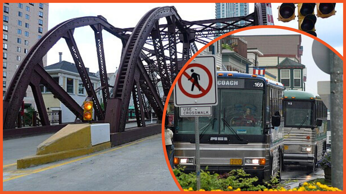Bridge and tour bus via Wiki Commons, Gillfoto, Chicago Bicycle Program