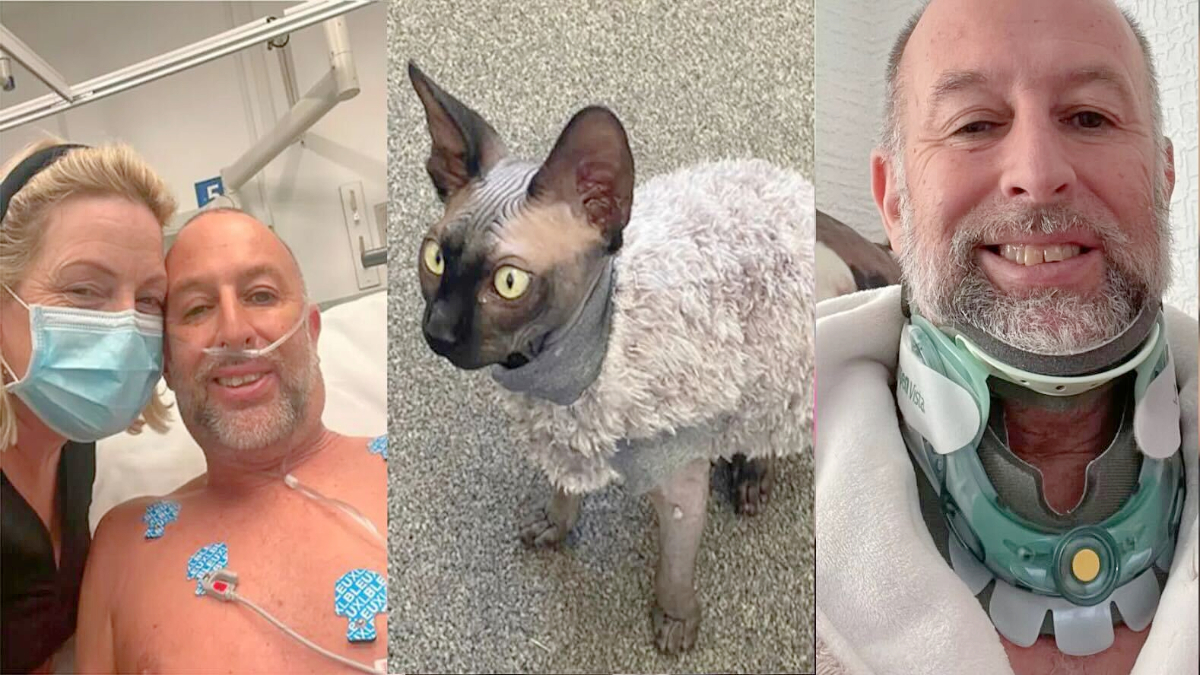 Chris Rowley with his partner; Rowley's cat; Rowley at the hospital
